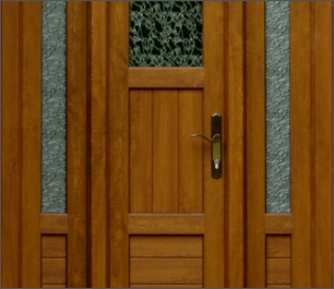 Detail van voordeur op maat naar idee van het originele houten model uit jaren 40. Figuurglas Delta blank en Delta mat gecobineerd met messing greep.